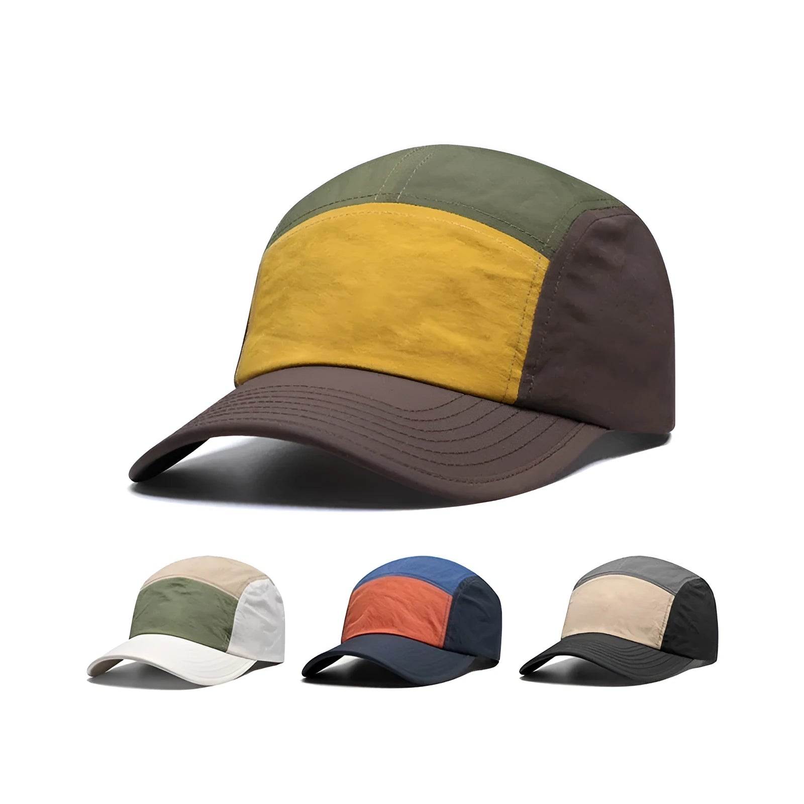 Set of five men's curved brim baseball caps in khaki, army green, orange, and yellow colours.