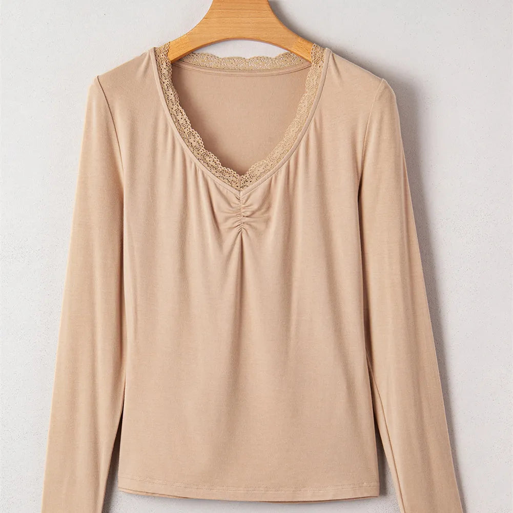 Long sleeve casual top with lace trim in slim fit Japanese Korean style