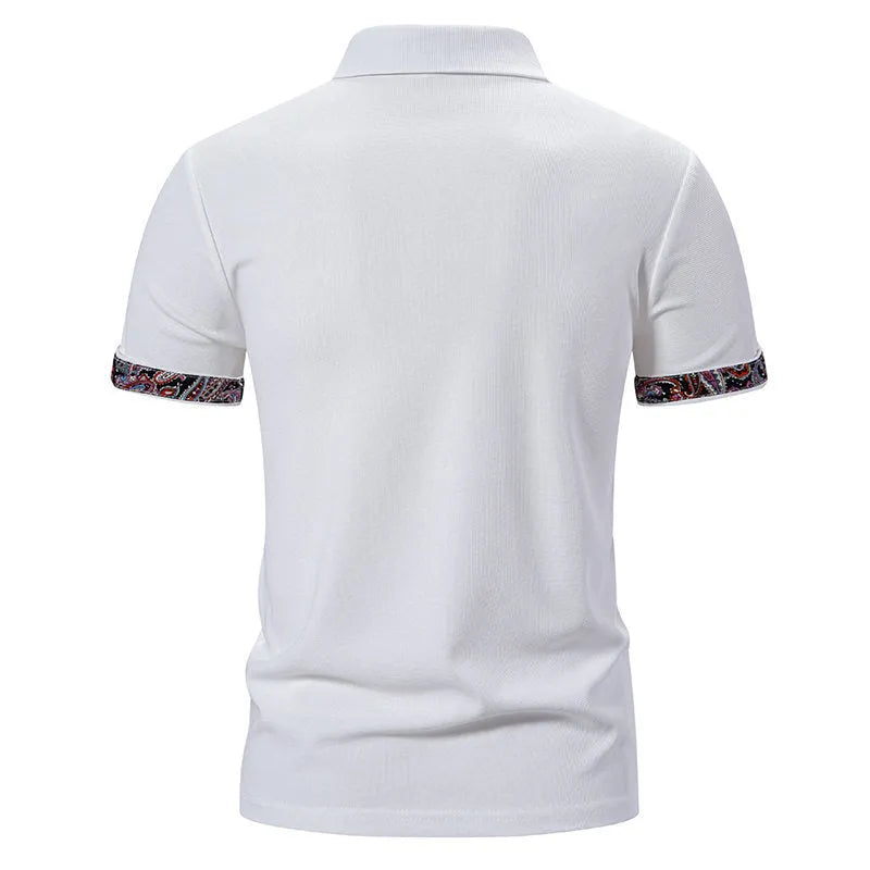 Men's short sleeve polo shirt in navy blue with colour stitching on the turnover neck.