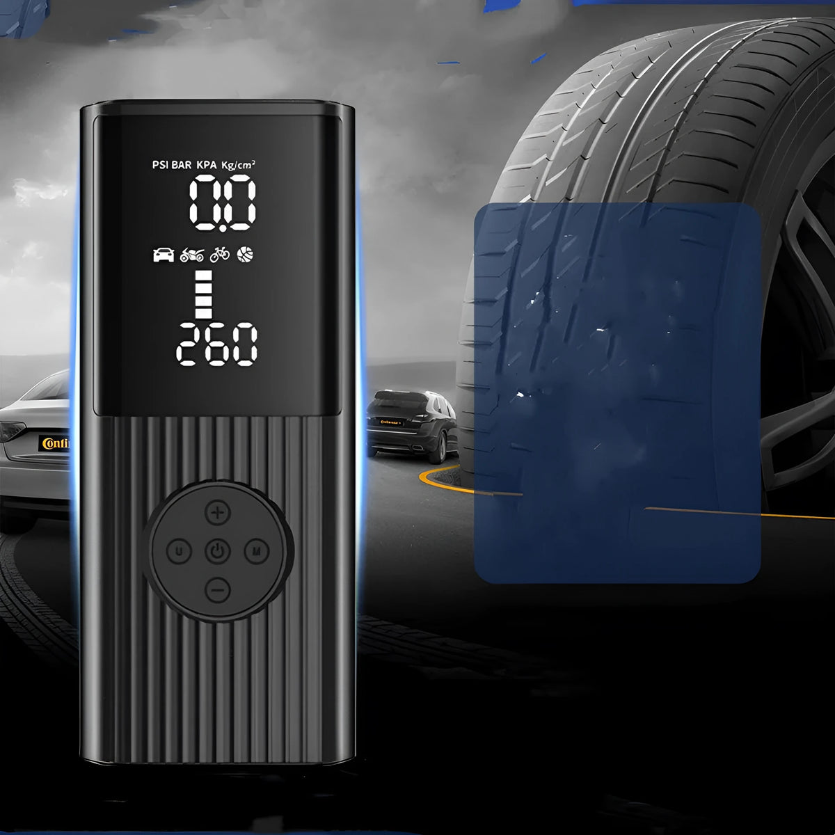 Wireless portable car tyre air compressor pump with LED light on black plastic body