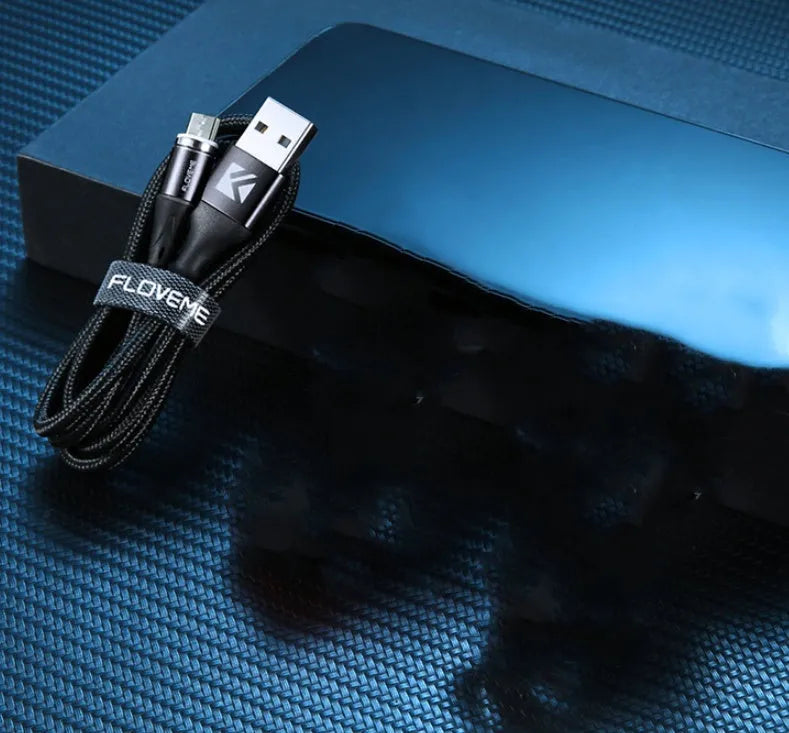 Black magnetic 3-in-1 fast charge data cable with side lighting for iPhone and Android phones