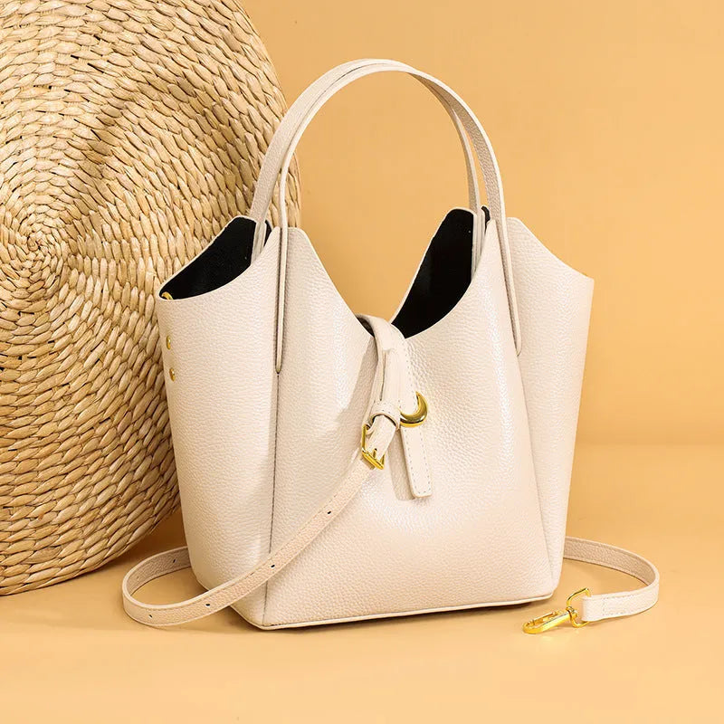 Genuine leather women's retro bucket bag with file compartment and sandwich pocket in beige colour