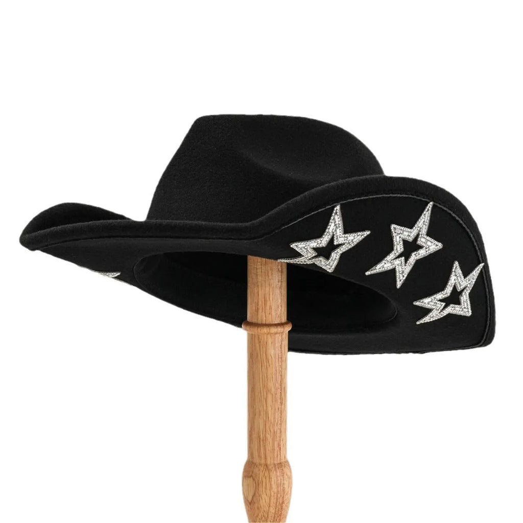 Polyester woven western-style top hat with conical crown and hexagonal star decoration