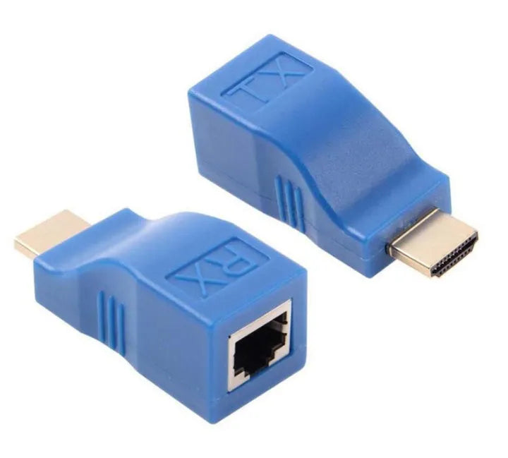 HDMI extender transmitter and receiver units for 1080P signal over Cat-5e cable up to 30 metres.