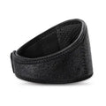 Black self-heating magnetic therapy neck guard with an adjustable shoulder strap laid flat.