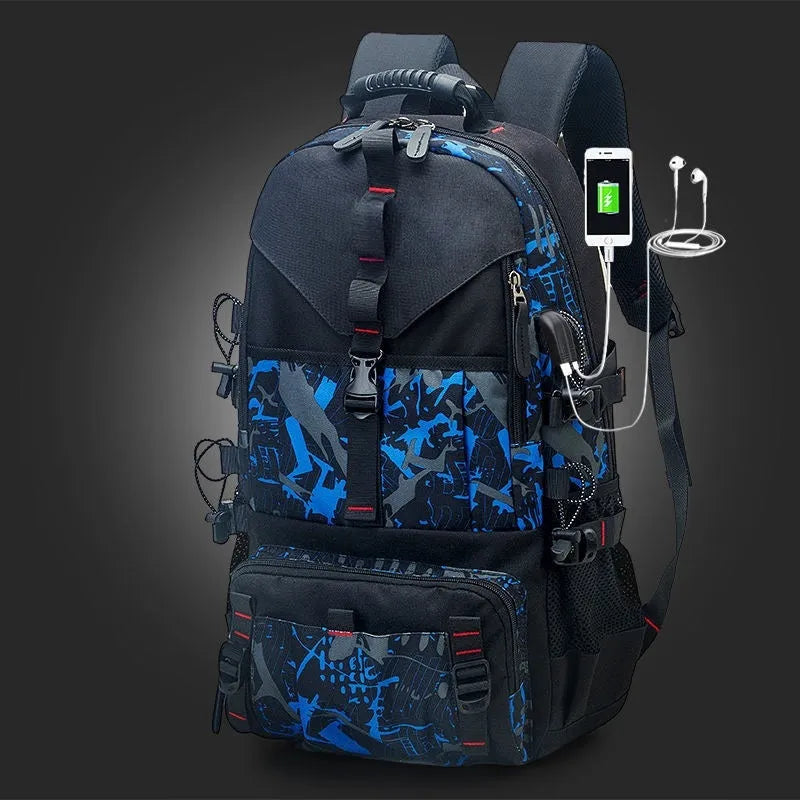 Men's black waterproof Oxford cloth hiking backpack with air pillow belt system and 56-75L capacity