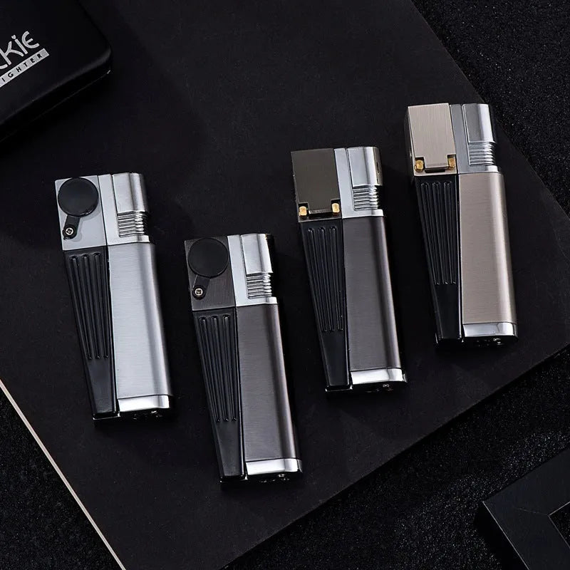 Silver foldable metal pipe lighter shown open, revealing lighter mechanism and small storage compartment.