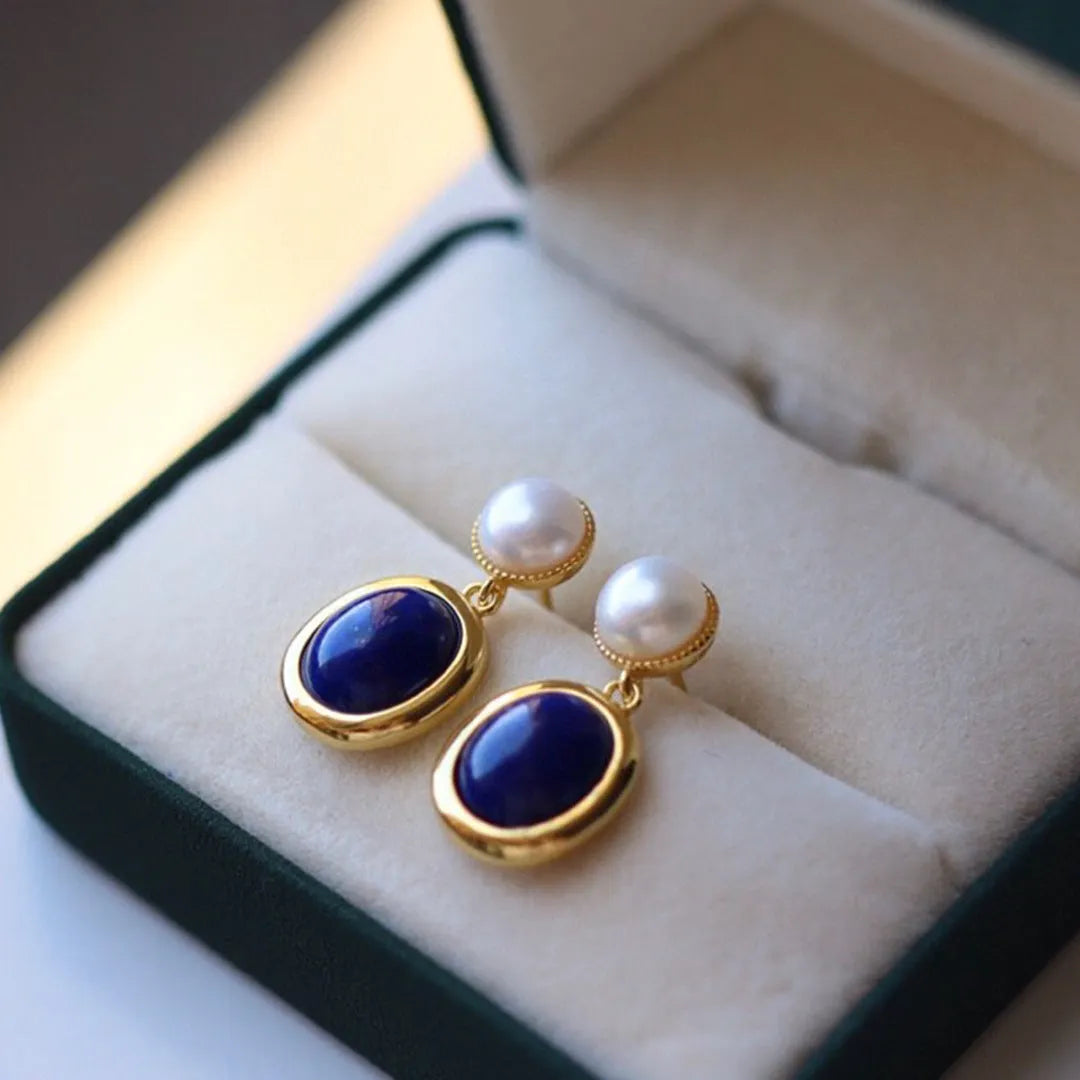 925 silver drop earrings with natural lapis lazuli pearls and auspicious patterned studs