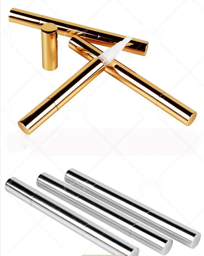 Teeth whitening pen with choice of plastic or aluminium case shown in gold and white colour options