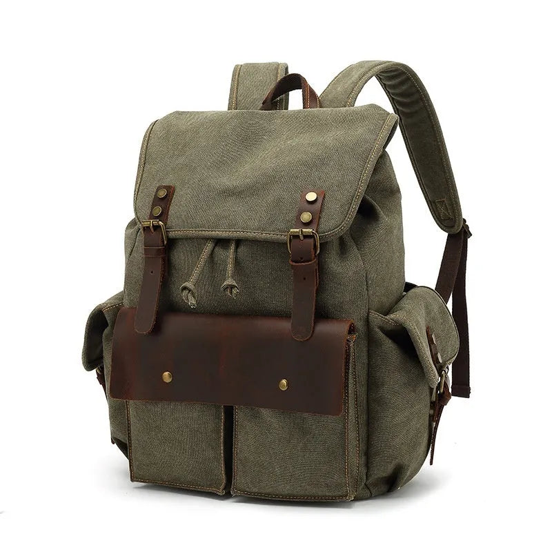 Retro wear resistant canvas backpack in military green with antique bronze hardware, showing front and side profiles.