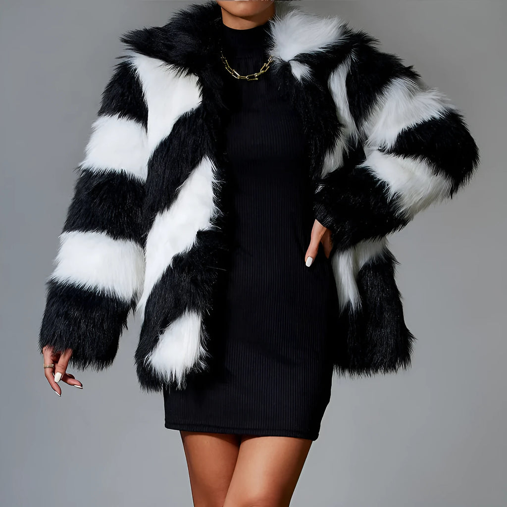Women's faux fur coat with lapel contrast colour and fur collar in normal 50cm length
