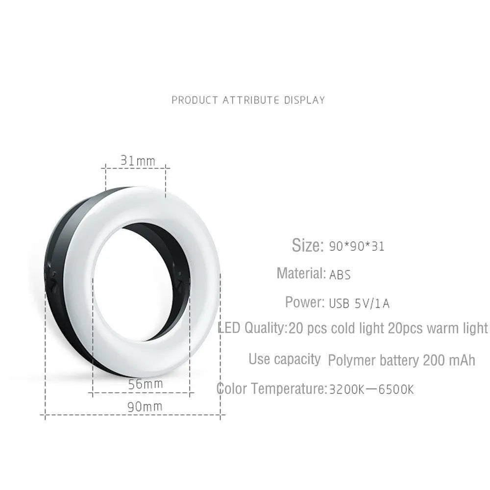Compact black LED selfie ring light for mobile phones with USB cable.