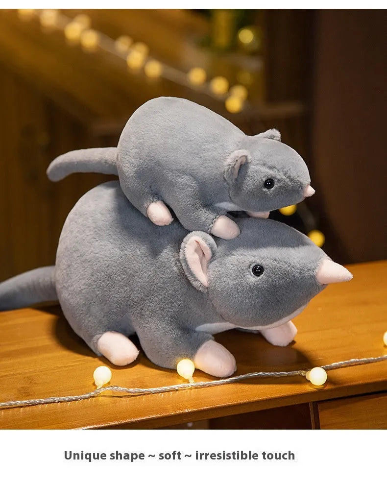 Cartoon mouse plush toy doll in grey, shown in three different sizes