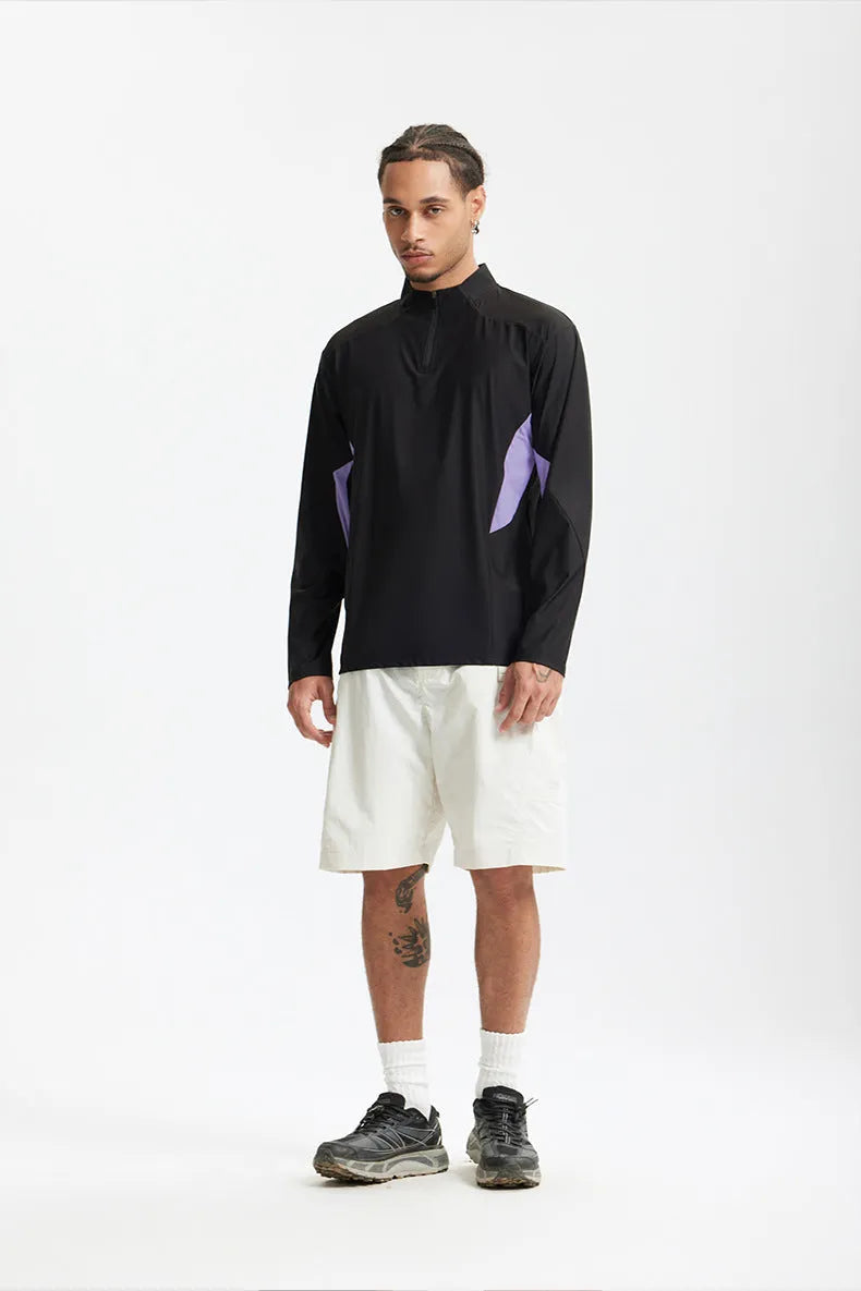 Men's lightweight polyester casual top in solid black and beige colours showing both long sleeve and short sleeve options