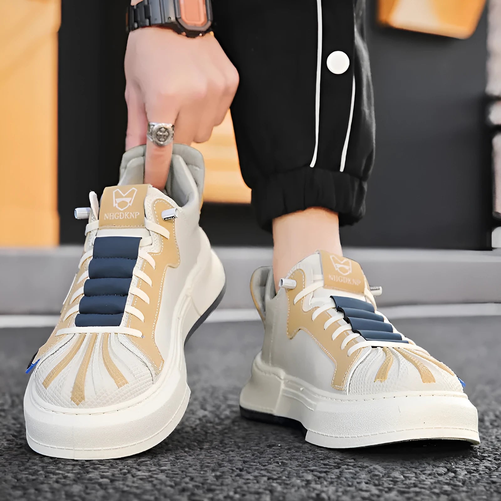 Men's beige casual sneakers with elastic band fastening and microfiber upper