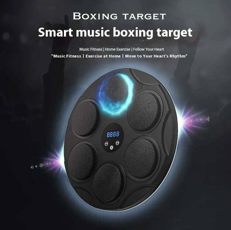 Black smart Bluetooth boxing target with coloured LED lights hanging on wall