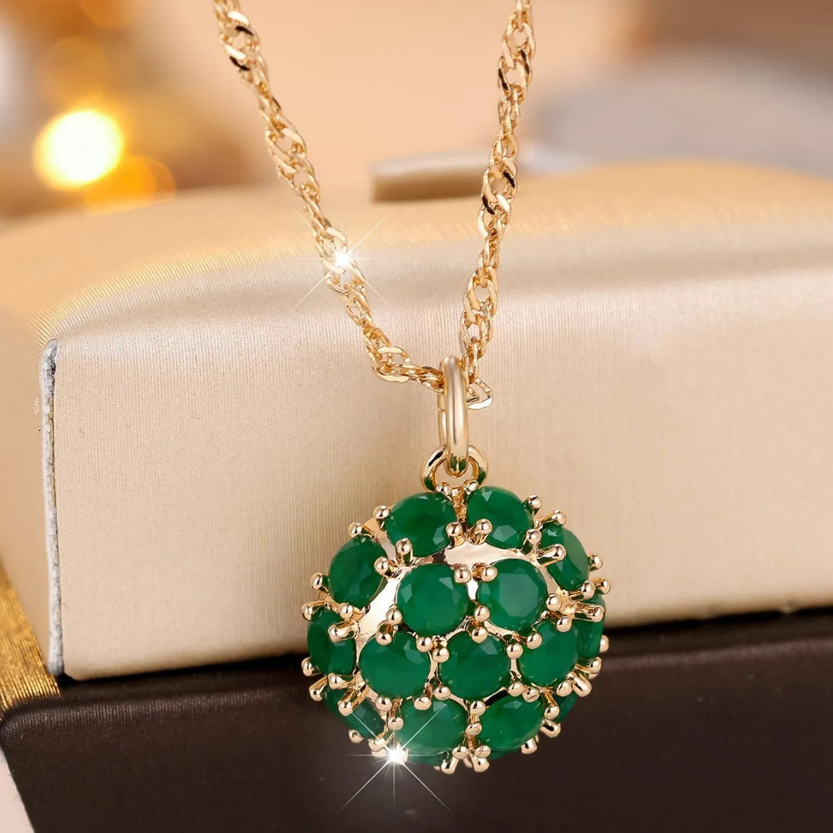 Round emerald and diamond pendant necklace with geometric shape on adjustable 51-60cm chain
