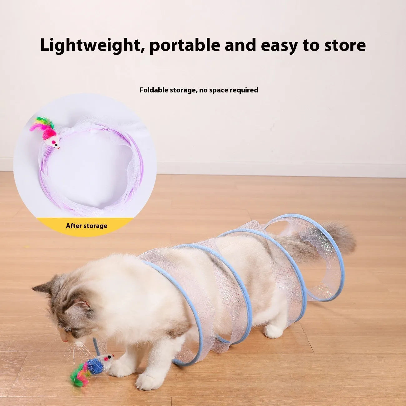 Collapsible cat tunnel toy with feather teaser and steel wire frame for indoor pet play