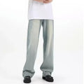 Blue retro trousers with rabbit fur fabric and loose fit design on hanger