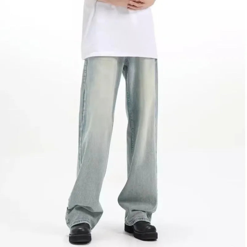 Blue retro trousers with rabbit fur fabric and loose fit design on hanger
