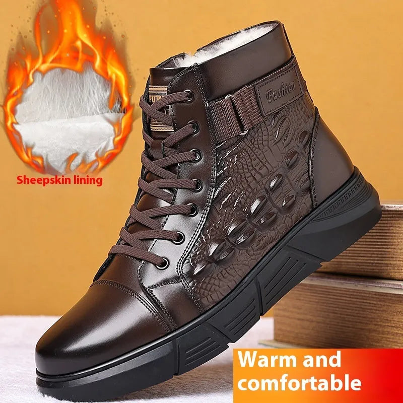 Men's black genuine leather snow boots with rubber soles and front lace-up closure