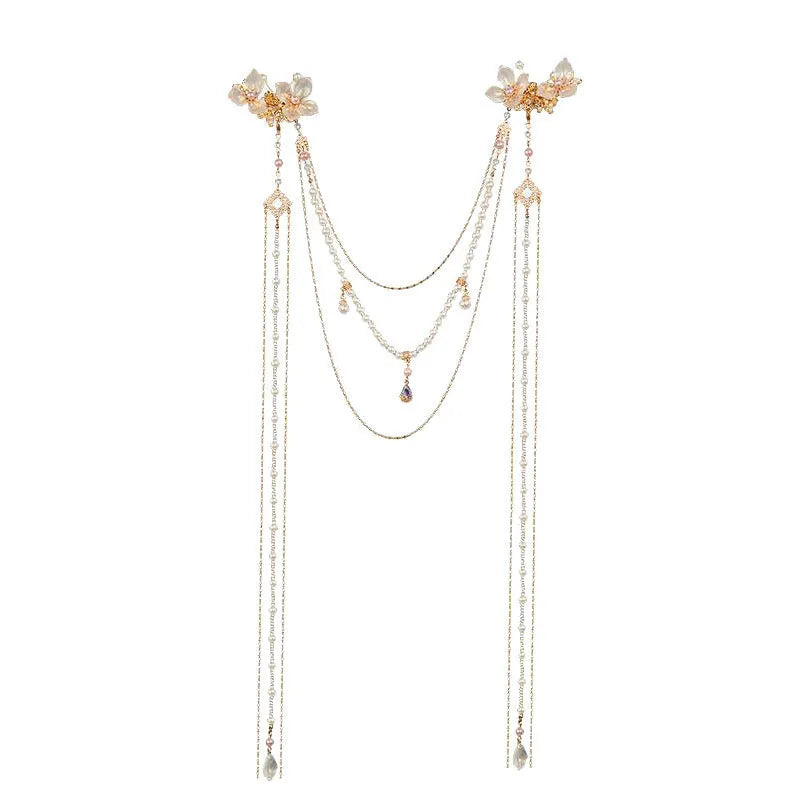 Women's pearl diamond flower hairpin with gold grip and long tassel decorative accessory