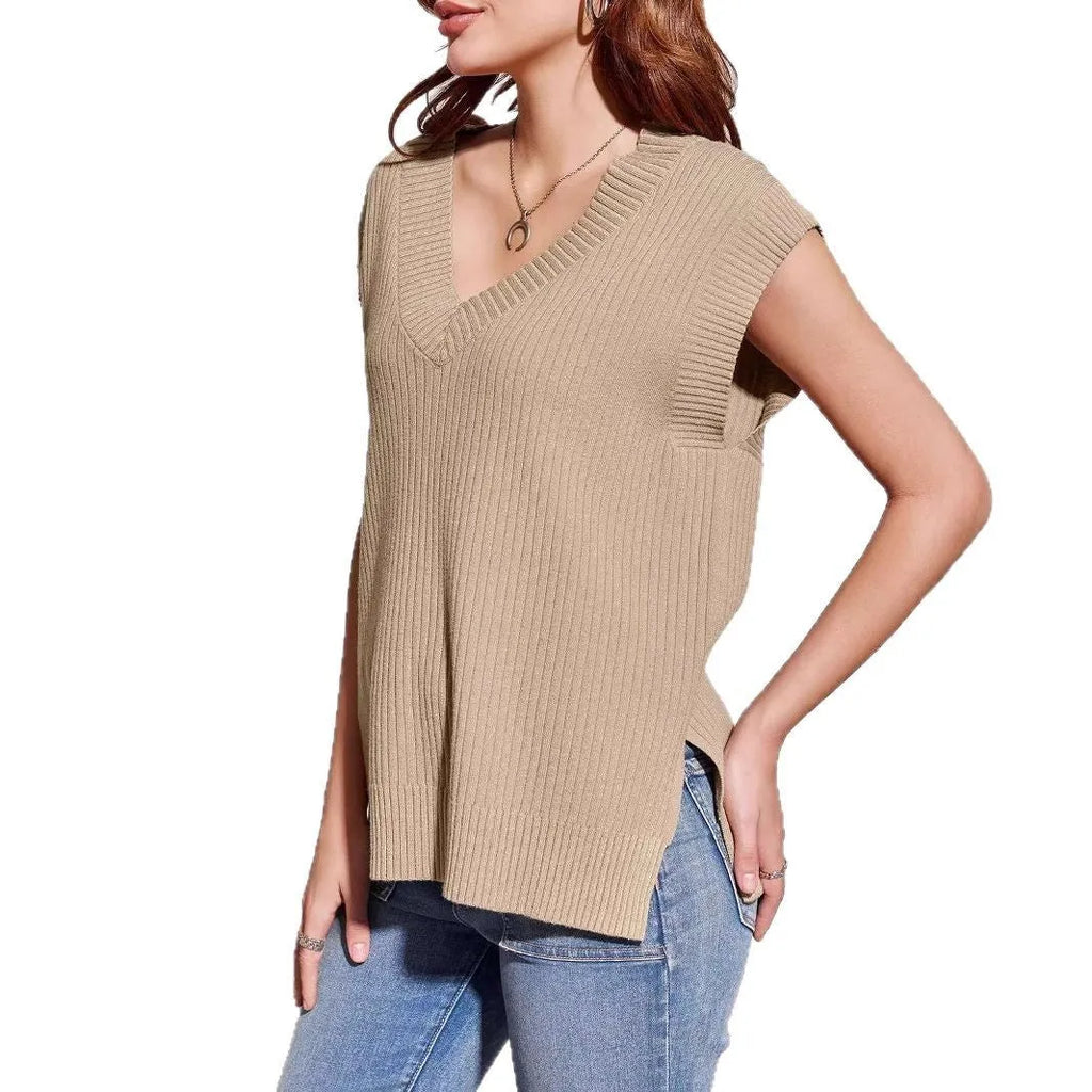 Women's striped V-neck sleeveless vest in camel colour with loose fit