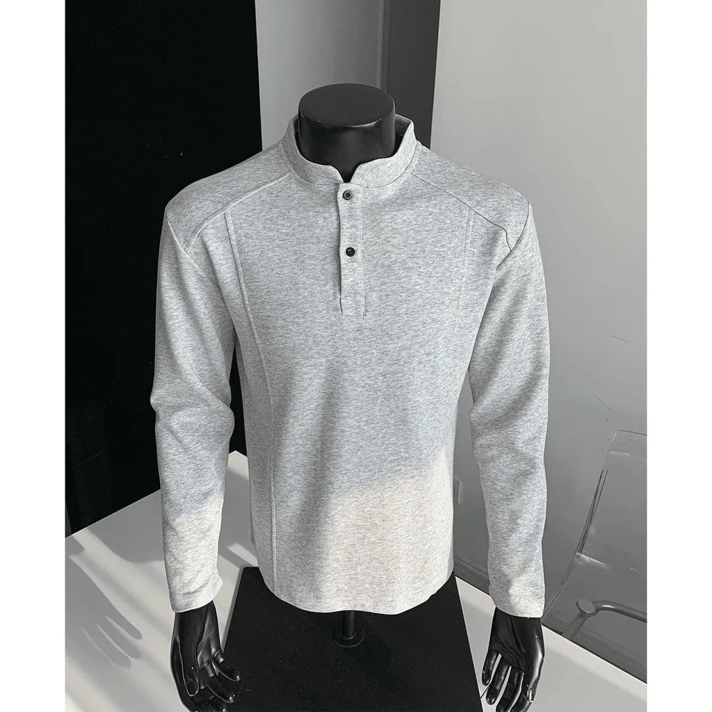 Men's patchwork stand-up collar shoulder polo shirt in Chinese cotton with asymmetric design