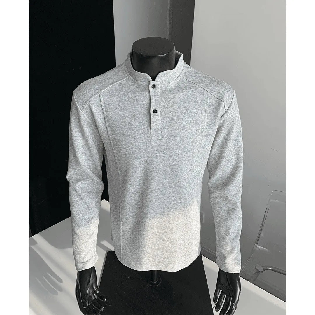 Men's patchwork stand-up collar shoulder polo shirt in Chinese cotton with asymmetric design