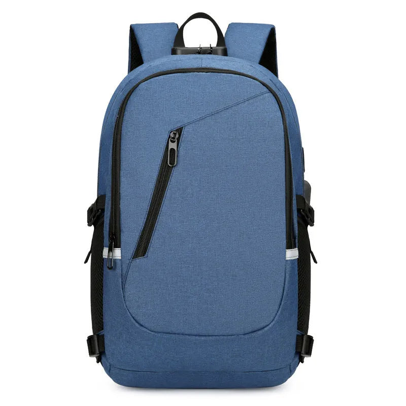 Oxford cloth computer backpack in street trend style with 20-35L capacity, shown in blue colour.