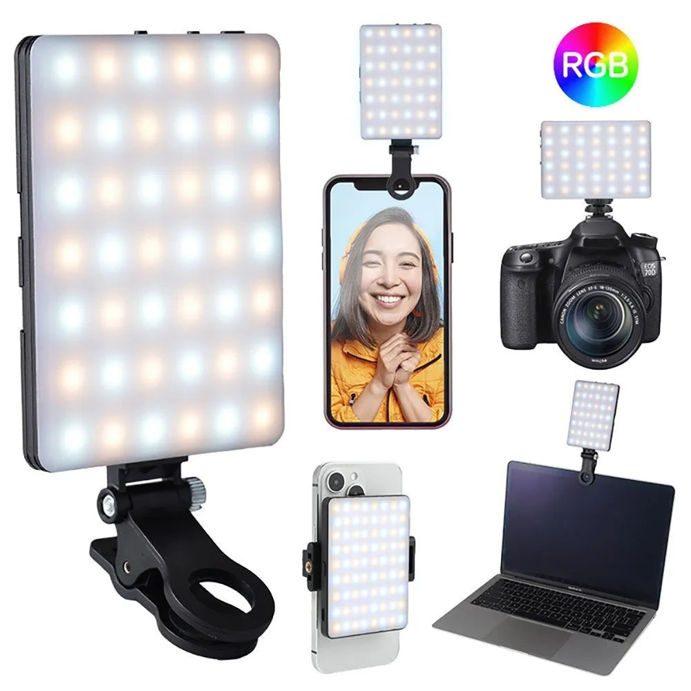 Handheld portable LED fill light with tricolour and RGB clip-on heads for live broadcast.