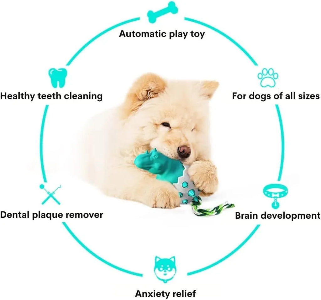 Durable dinosaur-shaped dog chew toy with rope attached, shown in blue colour
