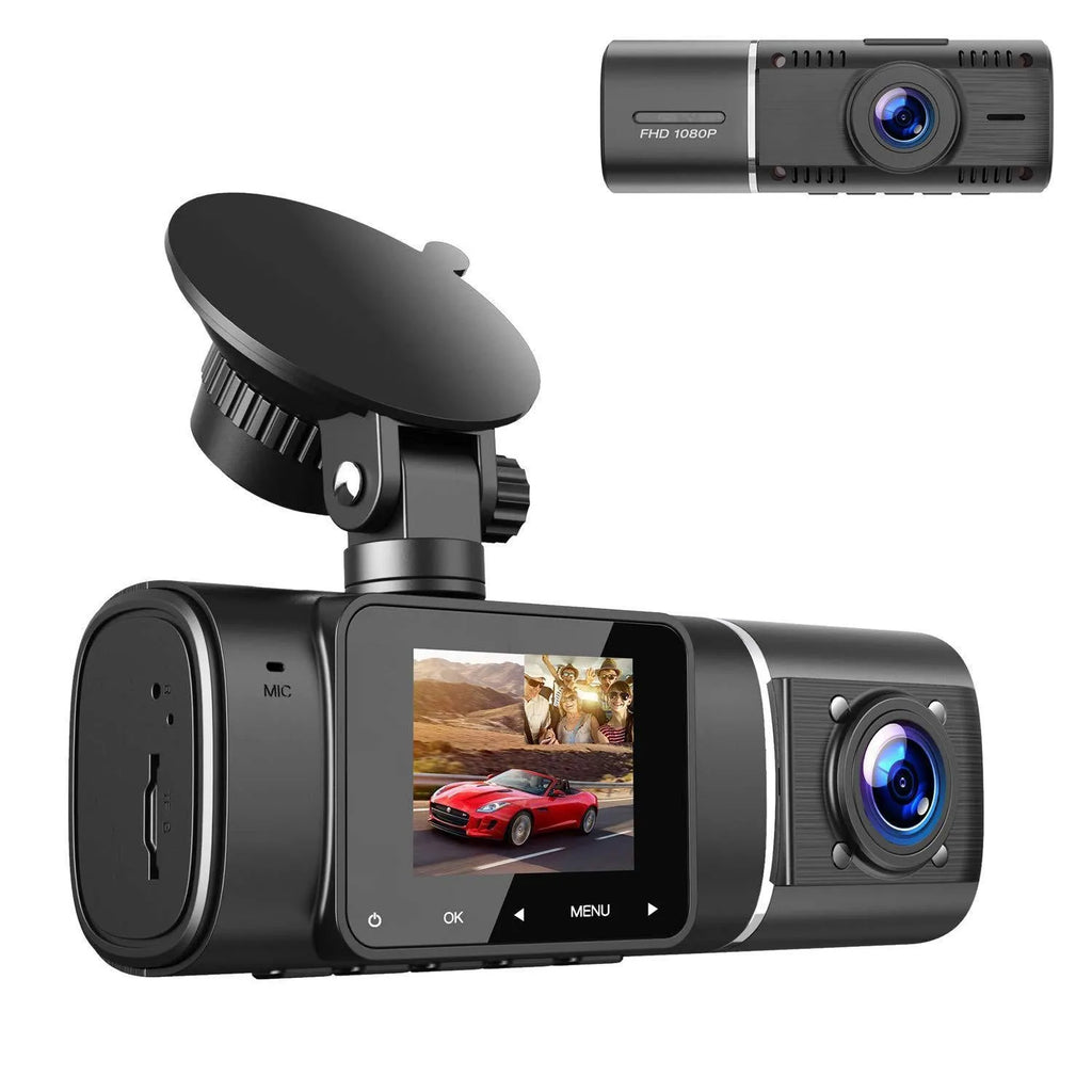 Standard black car dash cam with 1.5-inch screen, mounted on a stand, showing front camera lens