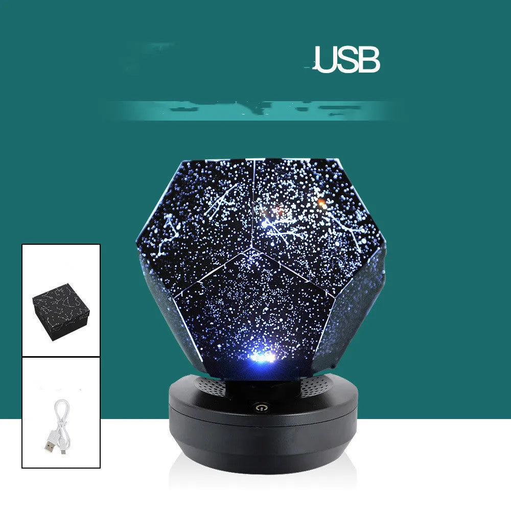 LED starry sky projection night lamp showing constellations on a bedroom ceiling, with remote control.