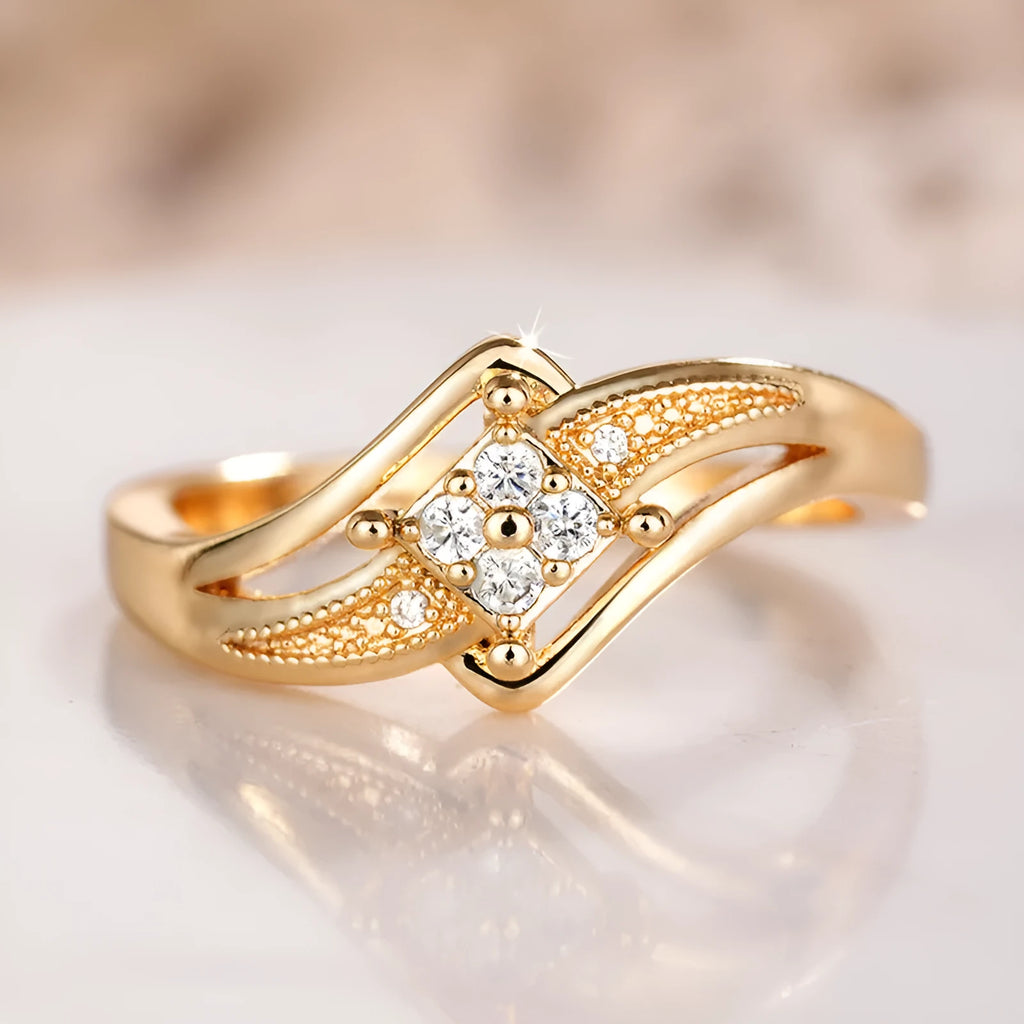 Women's copper diamond ring with micro inlaid zircon geometric design in yellow gold colour