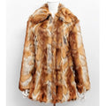 Women's faux fur jacket with black and orange tiger print pattern, medium length street fashion coat.