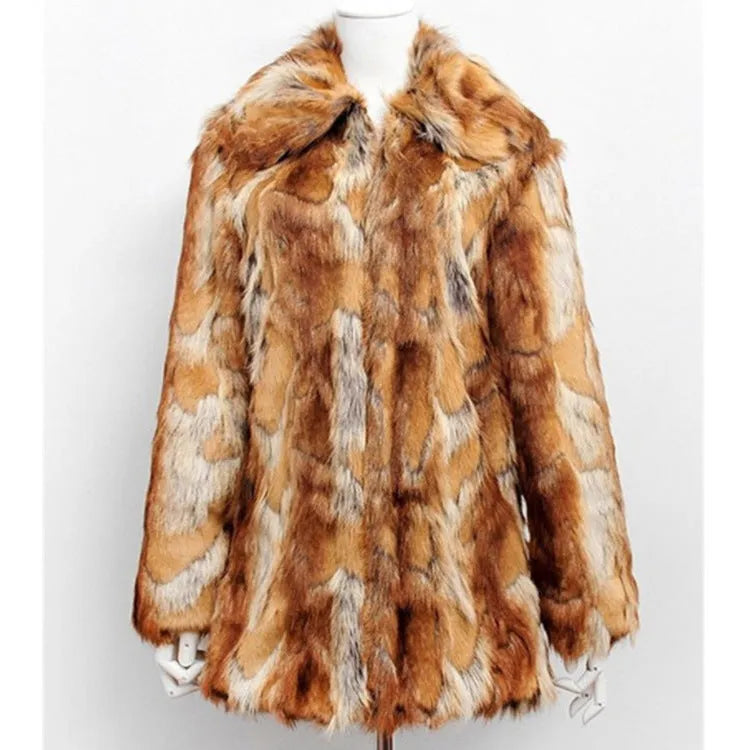 Women's faux fur jacket with black and orange tiger print pattern, medium length street fashion coat.