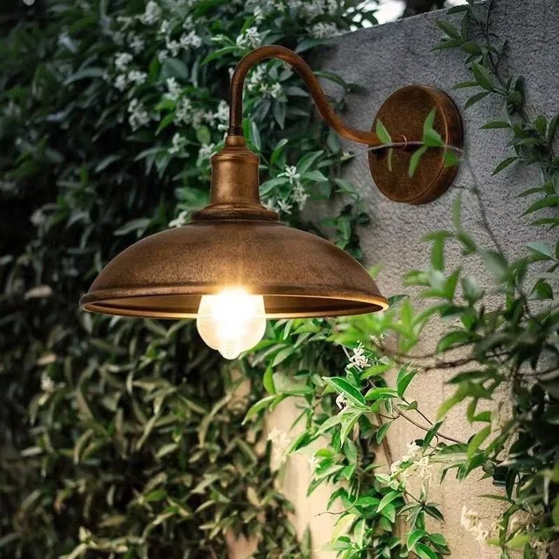 Retro style villa courtyard wall lamp in copper and silver finishes showing right angle and oblique angle mounting styles.