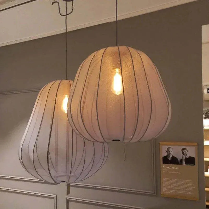 Japanese style net pumpkin ceiling lamp with iron construction in grey blue or white colour options