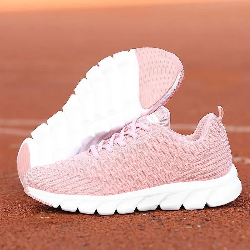 Women's running shoes with fly weaving upper in black, pink, or white colours