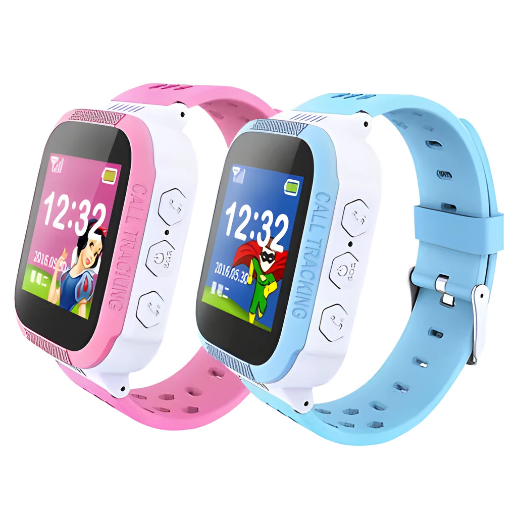 Blue and pink children's phone watch showing its 1.44-inch IPS screen and USB port