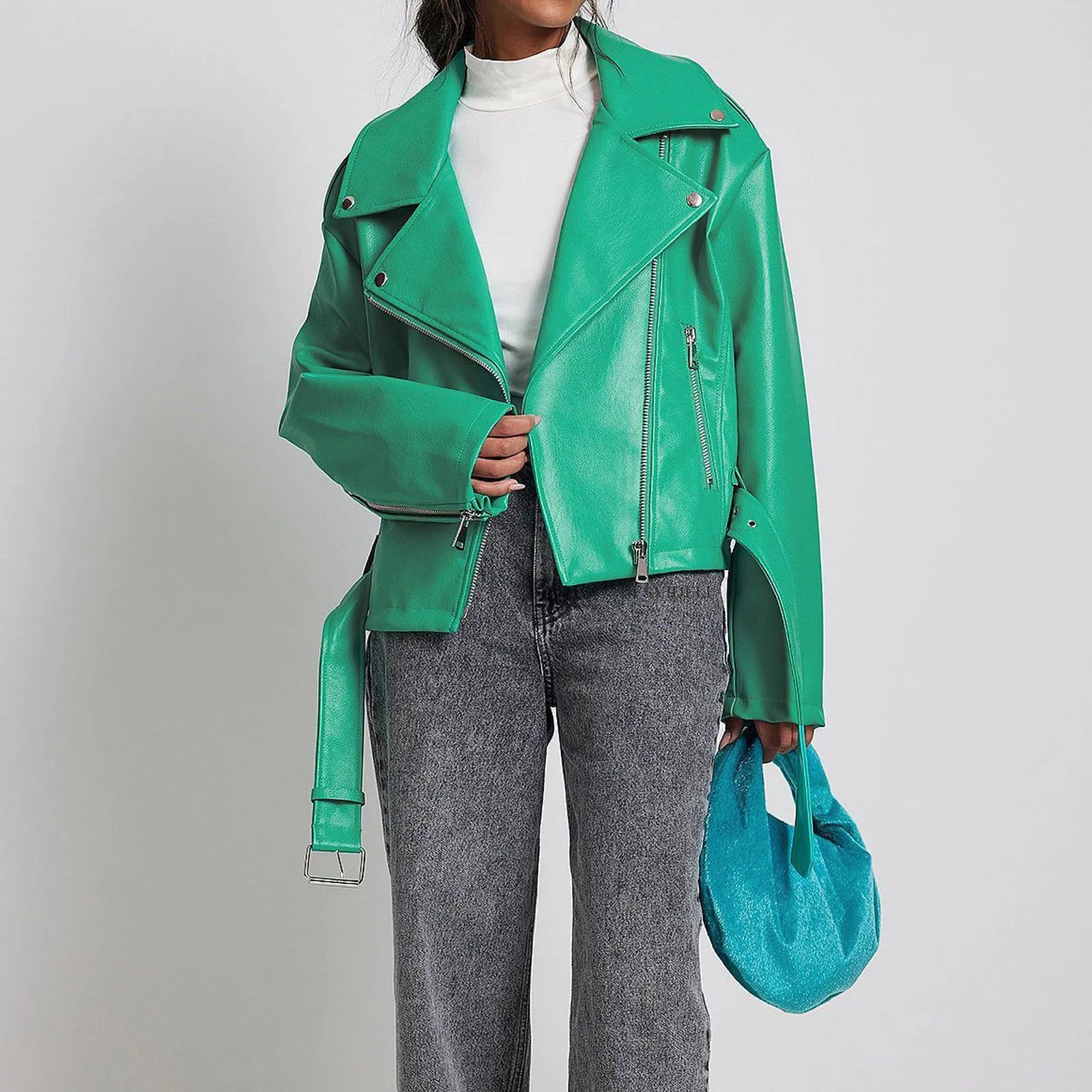 Punk style jacket with Peter Pan collar and drawstring waist in leather-look polyester fabric