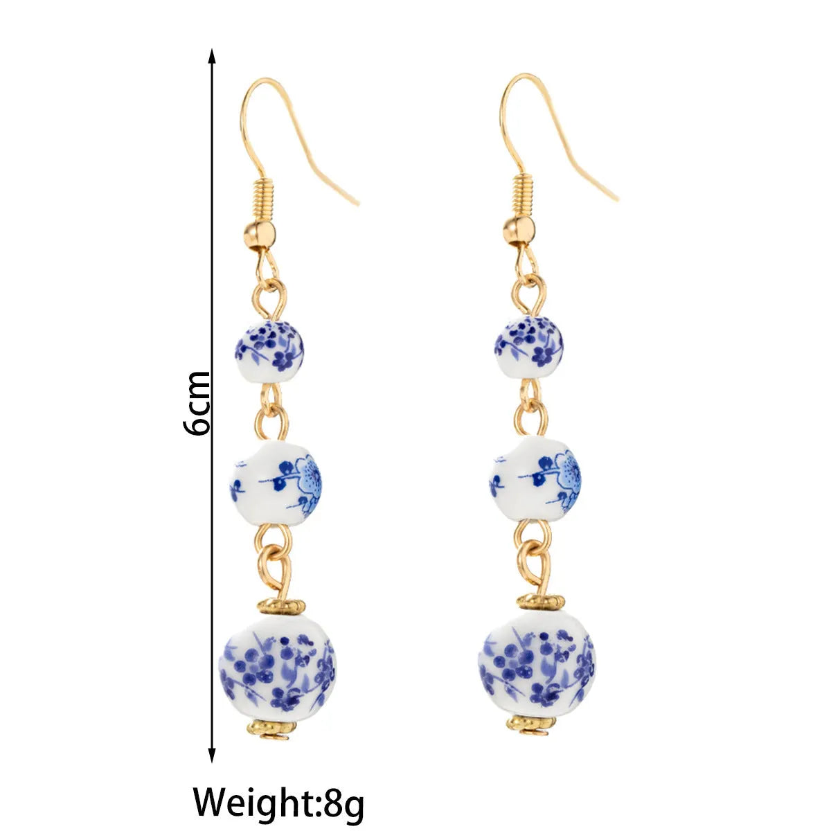 Blue and white porcelain ceramic bead long earrings with geometric alloy elements