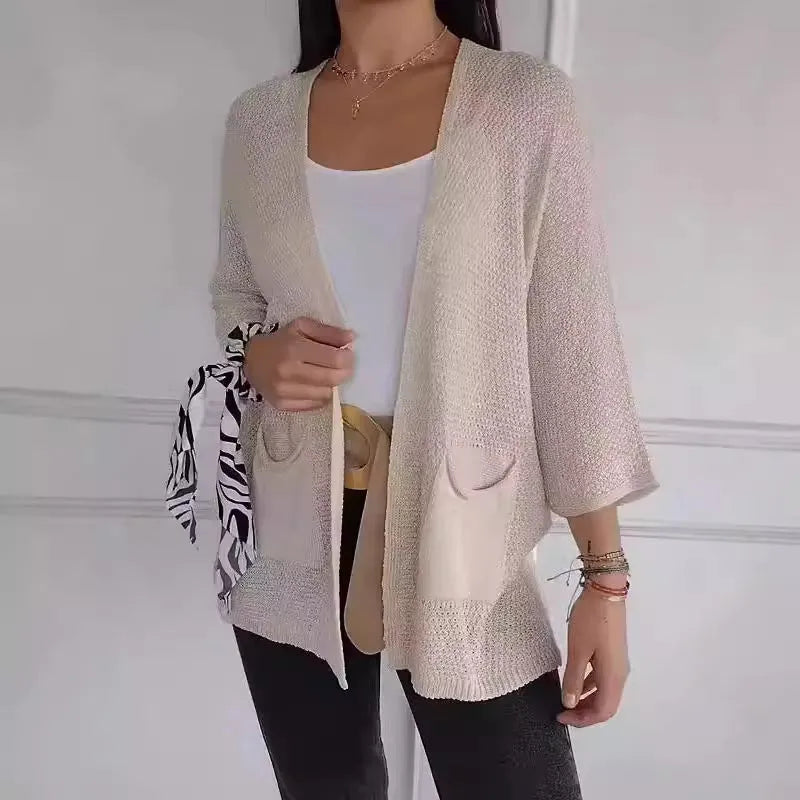 Women's waffle knit cardigan coat in army green with nine-quarter sleeves and front pockets