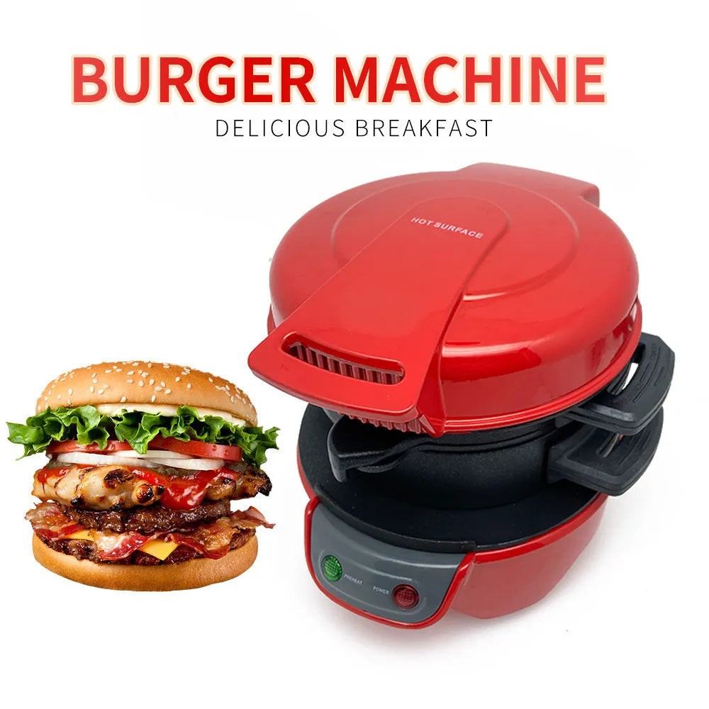Bright red household breakfast machine with sandwich plates and egg cooking ring on kitchen counter