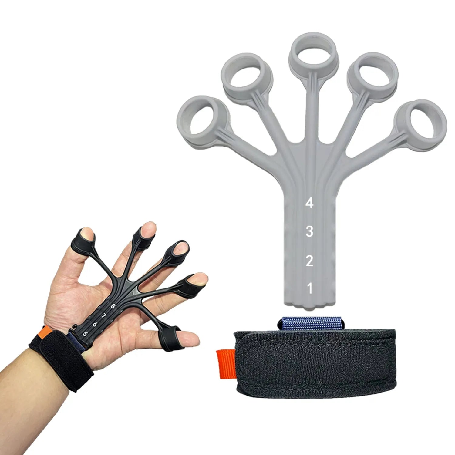 HLX silicone finger tension trainer with puller, tension ropes, and adjusting belt for hand exercises.