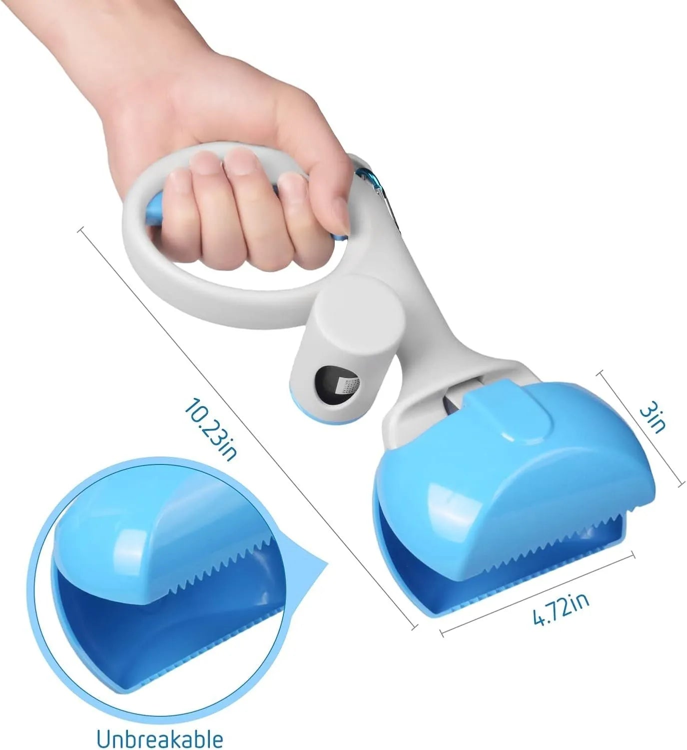 Blue ABS plastic pet pooper scooper with built-in trash bag holder and top hook.