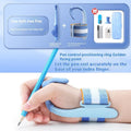 Blue anti-hook pen control corrector wrist brace for children's handwriting practice on a desk.