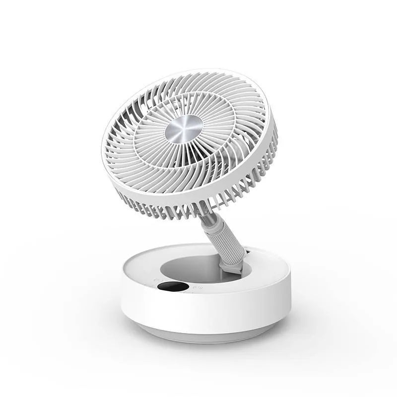 Green rechargeable storage floor electric fan in vertical configuration with telescopic folding design