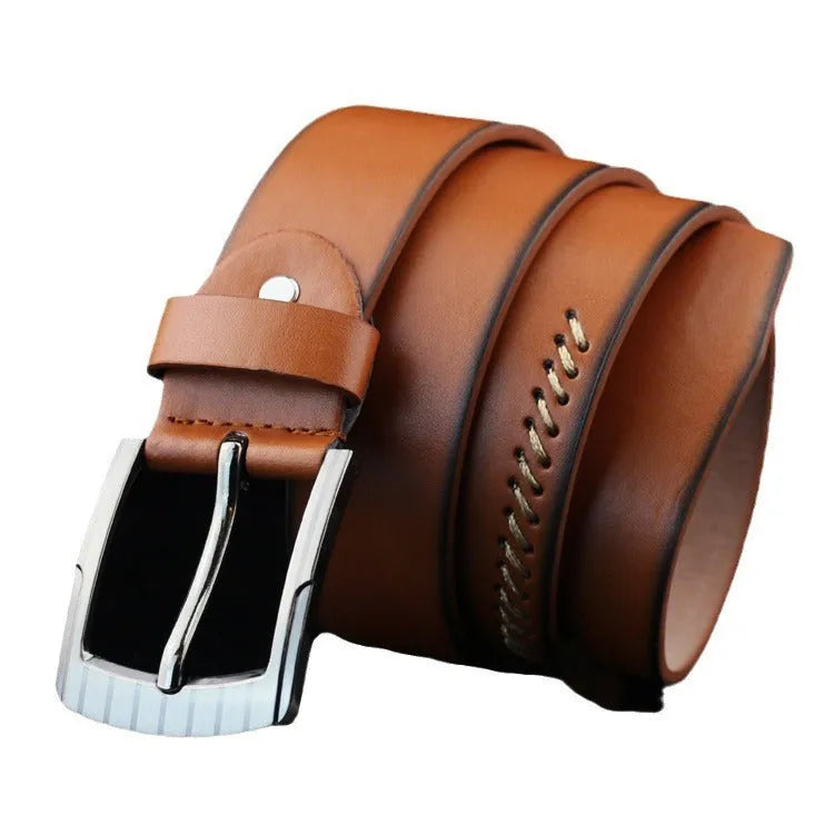Men's retro threading pattern casual belt with pin buckle in black, brown and white colour options